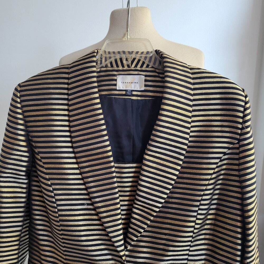 Terramina Jacket Striped Black & Gold Metallic Blazer/Jacket (Size: 20)